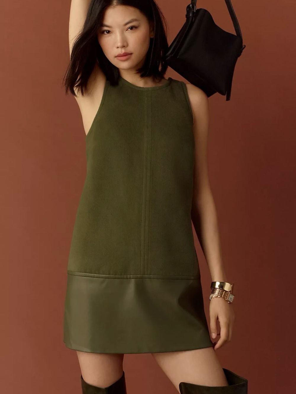 Anthropologie | 🫒 Green Faux Leather Sleeveless Leather-Trim Shift Dress NWT LP